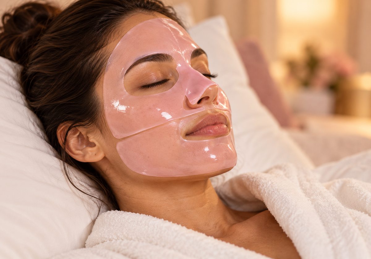 Woman resting on a pillow wearing a two-piece pink hydrogel mask