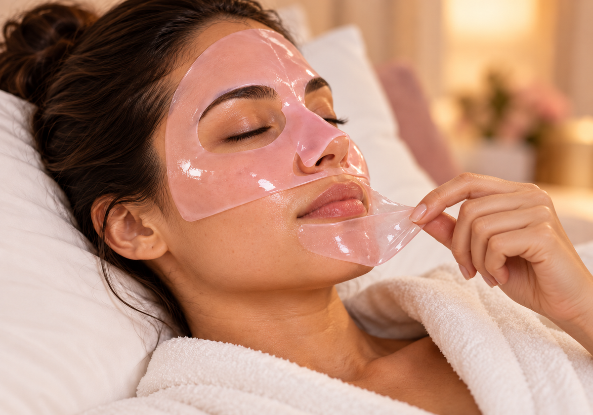 Woman gently peeling the lower gel mask piece from her chin