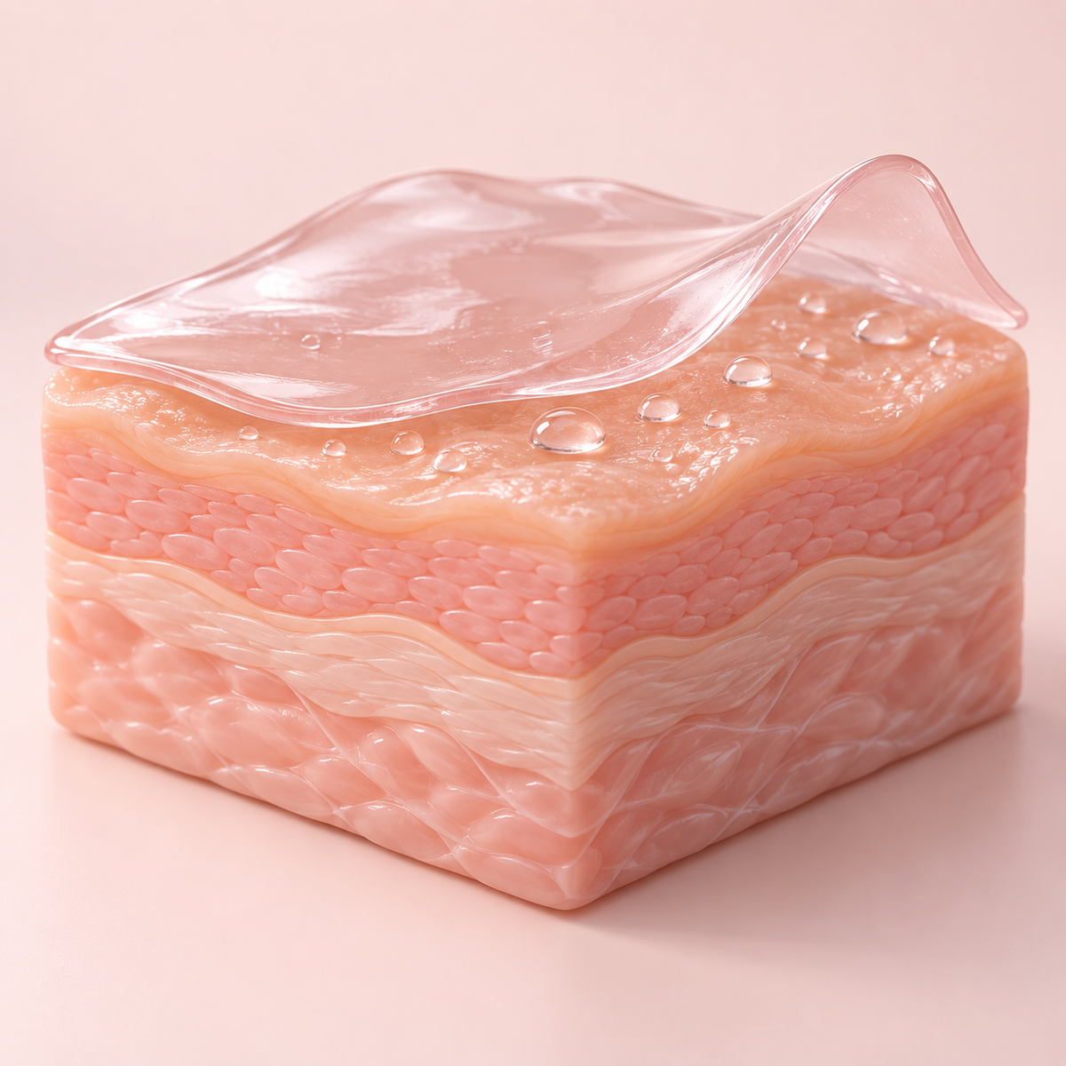 Conceptual illustration of a hydrogel sheet holding water at the skin surface