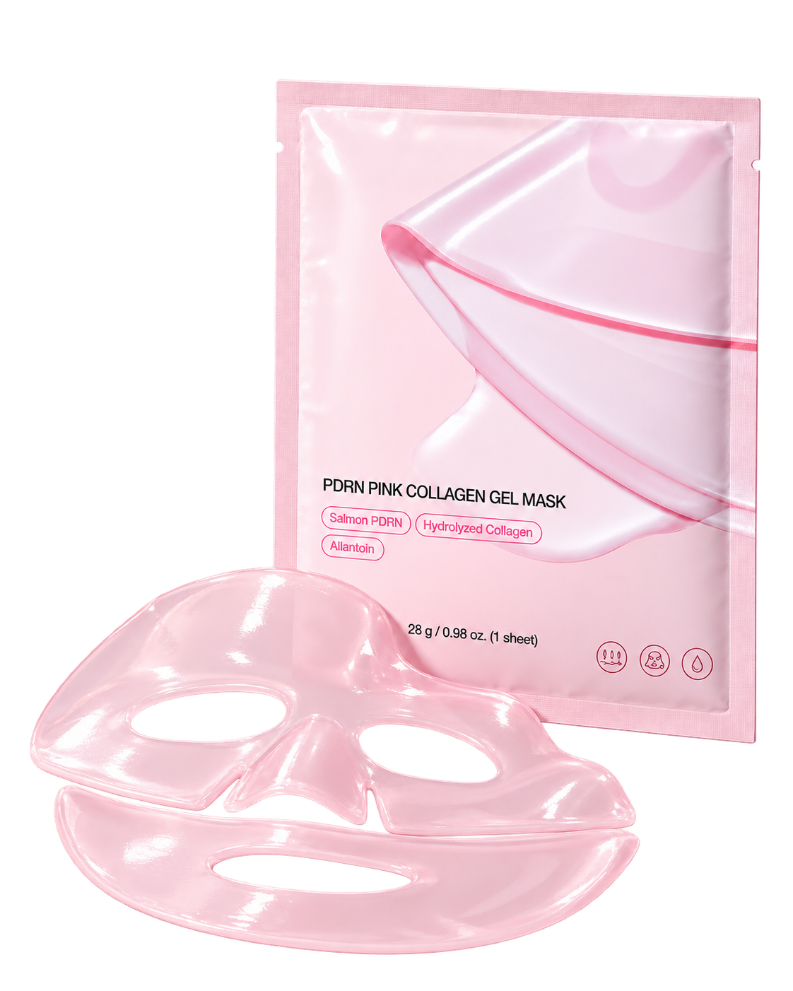 Pink PDRN mask pouch with separate upper and lower hydrogel pieces