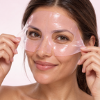 Woman gently lifting the upper pink hydrogel mask from her face