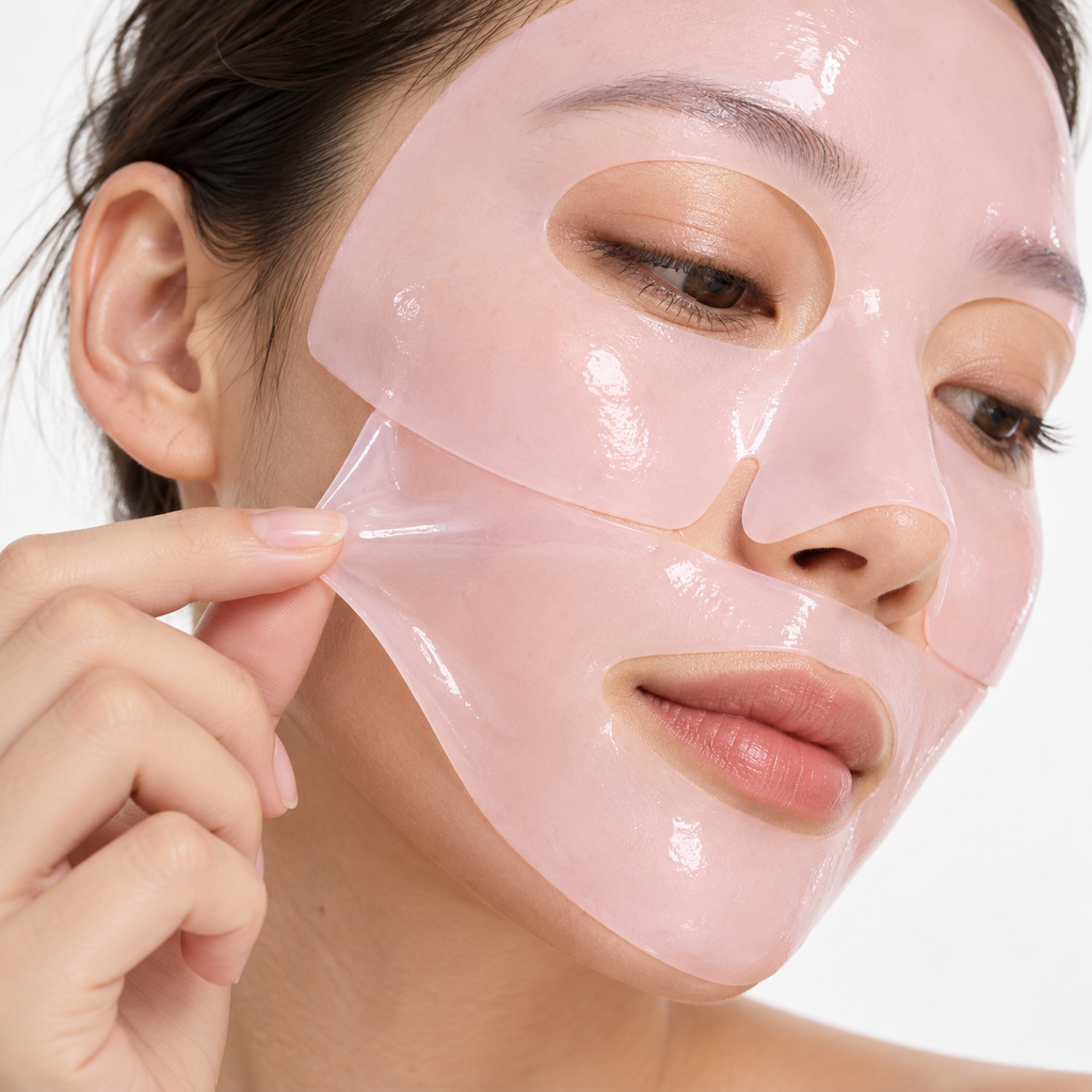 Close-up of a woman gently lifting the pink hydrogel mask