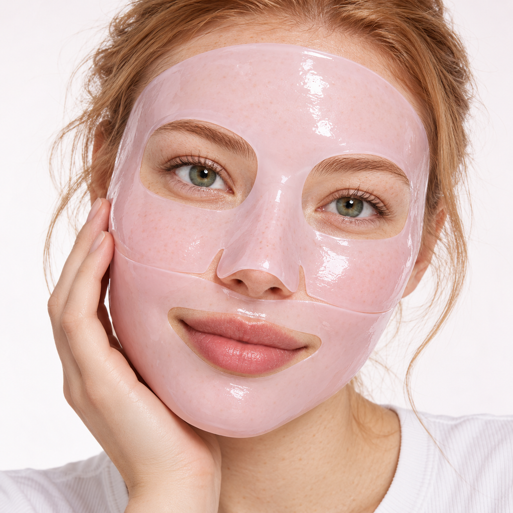 Woman wearing the two-piece pink hydrogel face mask