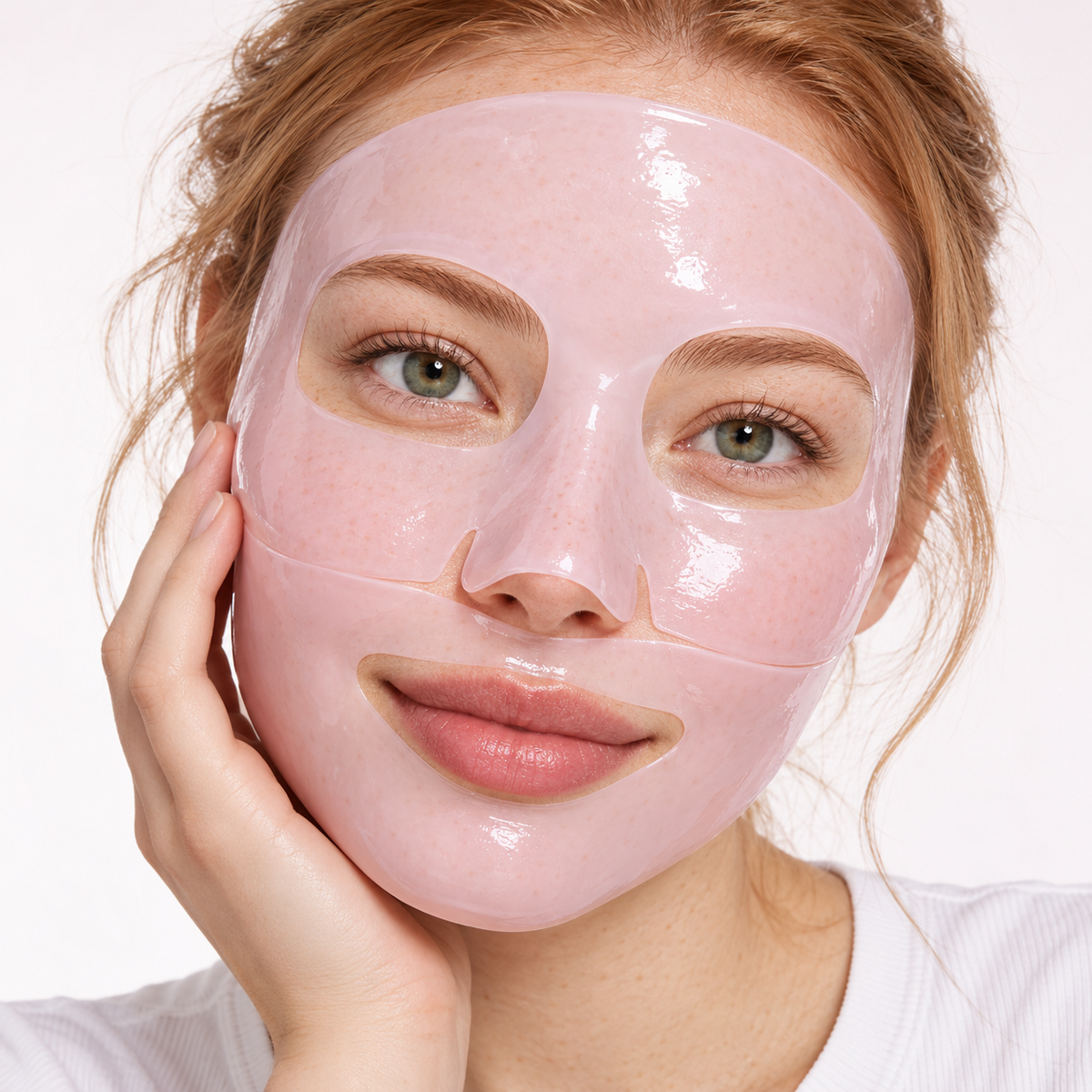 Woman wearing the two-piece pink hydrogel face mask